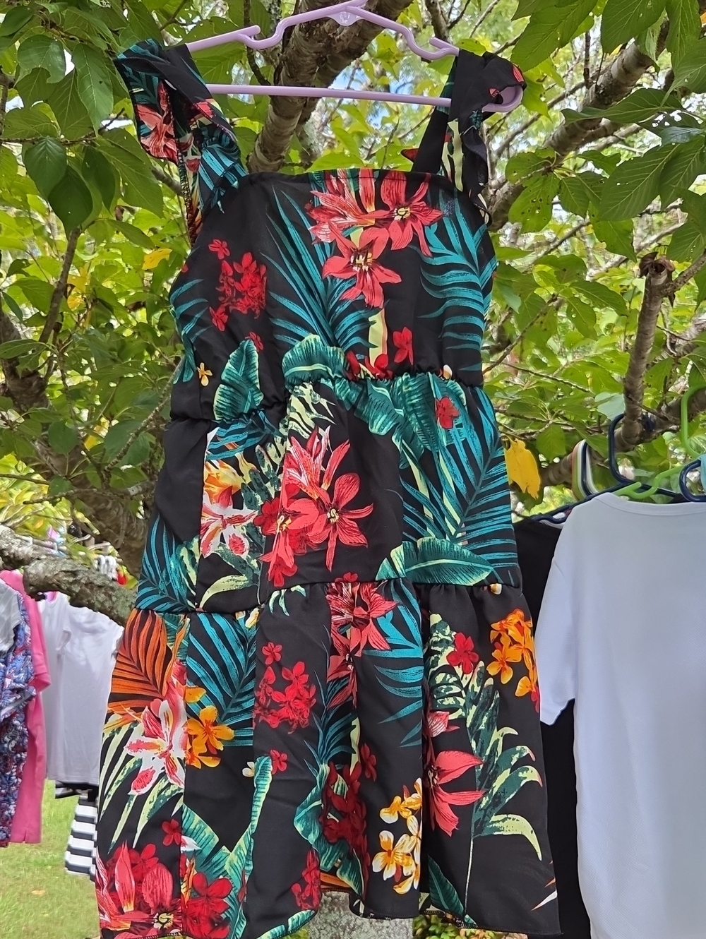 Tropical Floral Tiered Sundress for Kids - Black with Multicolor Flowers